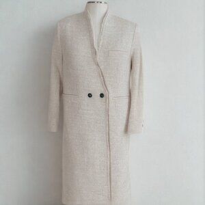 Zara ZW Collection Monteco wool beige lined collarless frayed lapel overcoat S